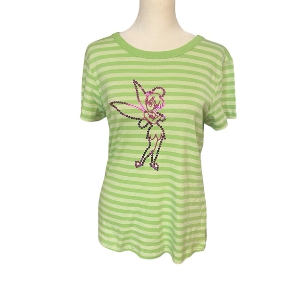 Disney Green Striped Tinker Bell Women’s Size M Embroidered w Sequins Stretch - Picture 2 of 9
